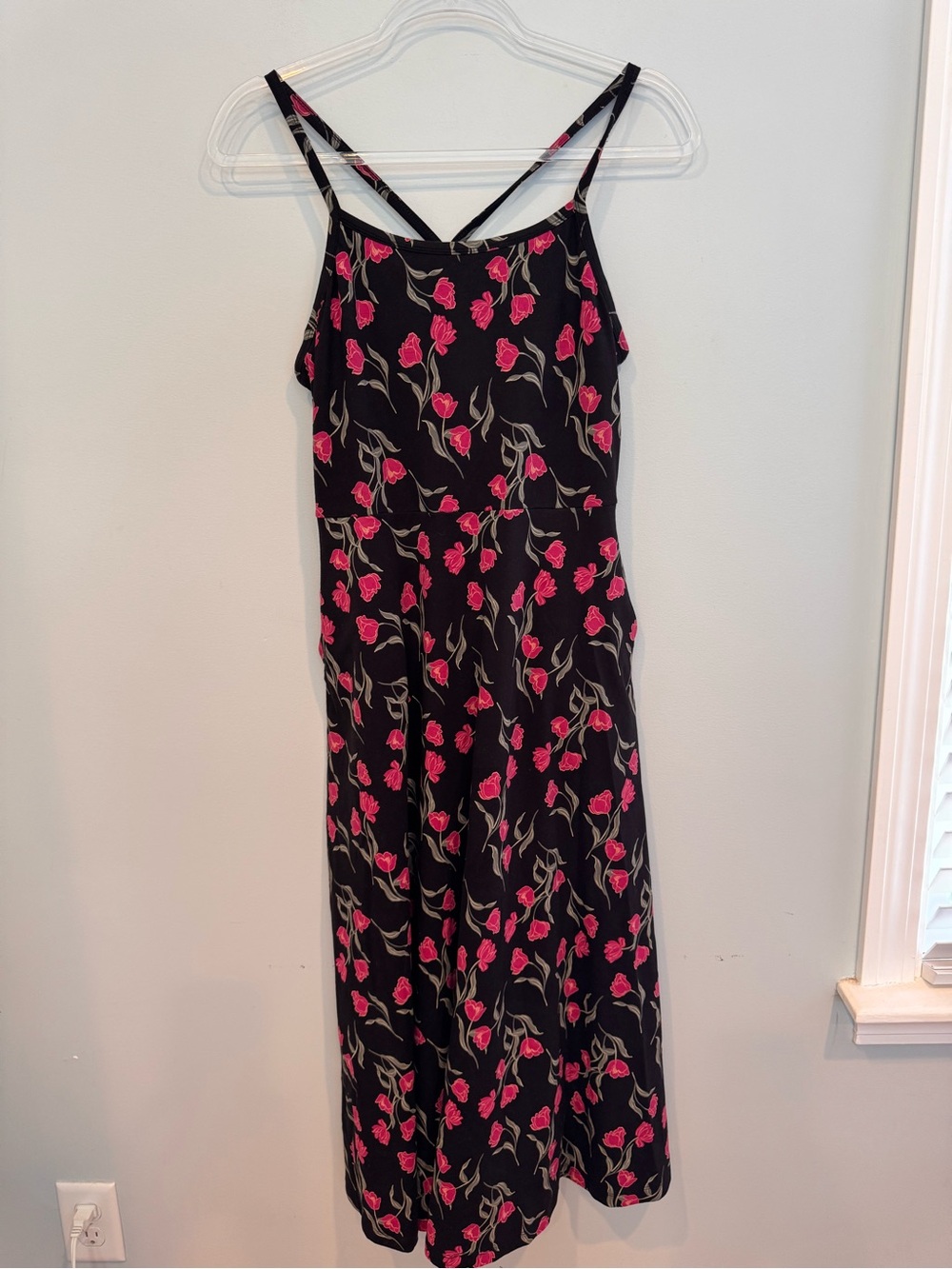 Pact Organic Cotton Fit & Flare Midi Dress Pink Tulip Floral Pockets Size L